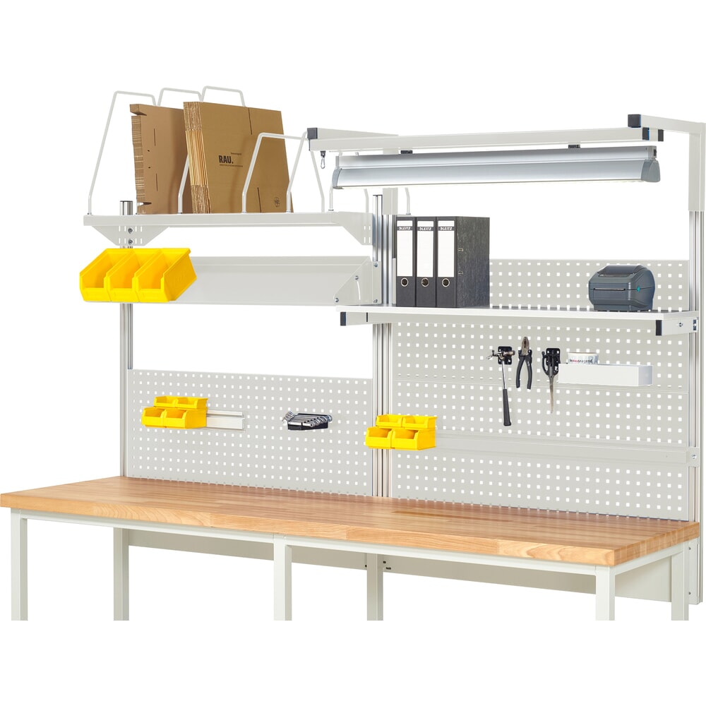 Product afbeelding: Werkbankopbouw RAU, hxbxd 1.380 x 2.500 x 2.500 mm, met 1 legbord, 1 draagrail, 1 kantelbaar metalen legbord, 1 flatscreenhouder en 1 lamp, complete set 06 voor productbreedte 2.500 mm