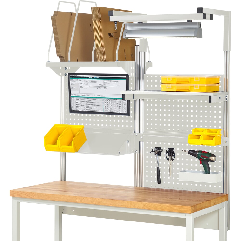 Product afbeelding: Werkbankopbouw RAU, hxbxd 1.380 x 1.500 x 1.500 mm, met 1 legbord, 1 draagrail, 1 kantelbaar metalen legbord, 1 flatscreenhouder en 1 lamp, complete set 06 voor productbreedte 1.500 mm