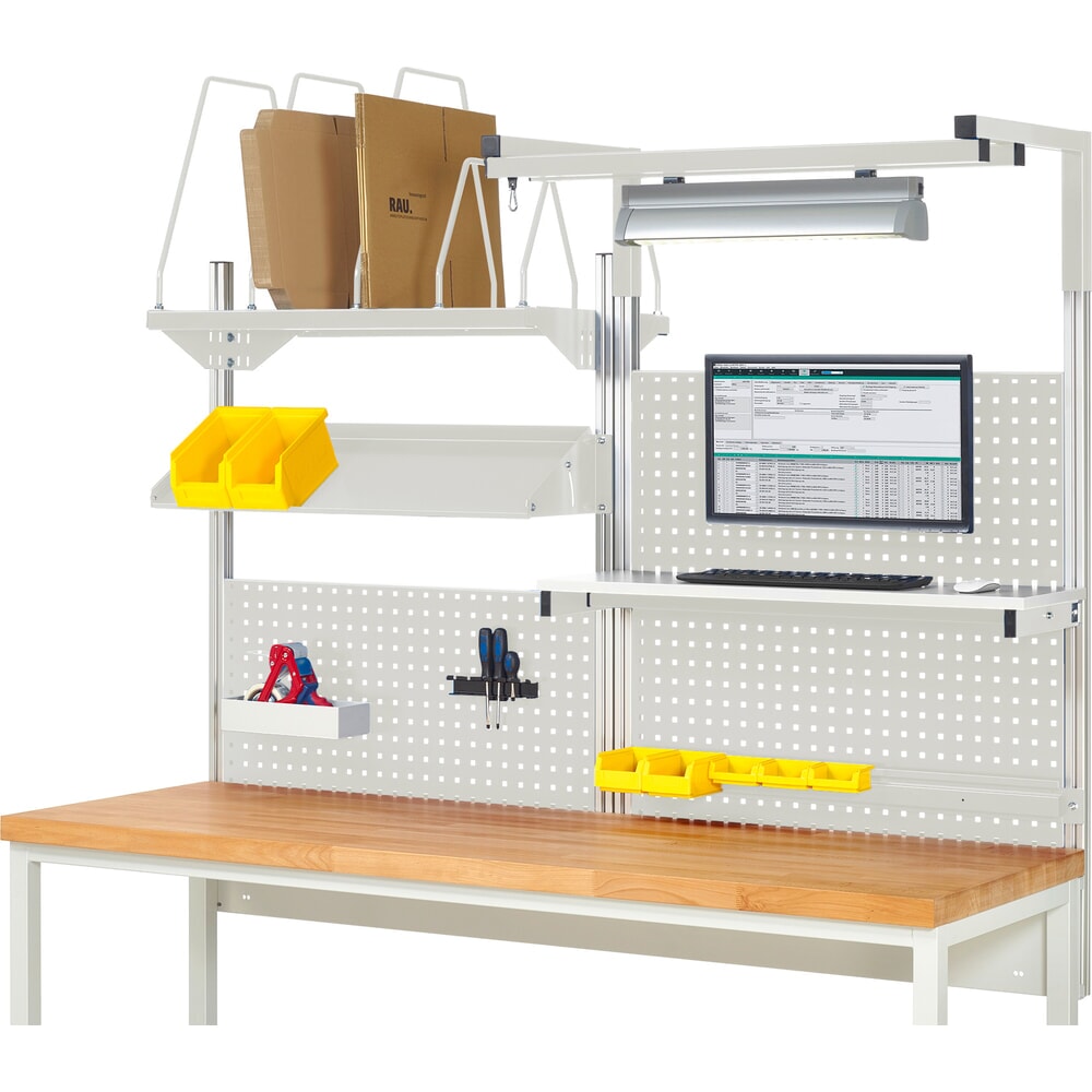 Product afbeelding: Werkbankopbouw RAU, hxbxd 1.380 x 2.000 x 2.000 mm, met 1 legbord, 1 draagrail, 1 kantelbaar metalen legbord, 1 flatscreenhouder en 1 lamp, complete set 06 voor productbreedte 2.000 mm