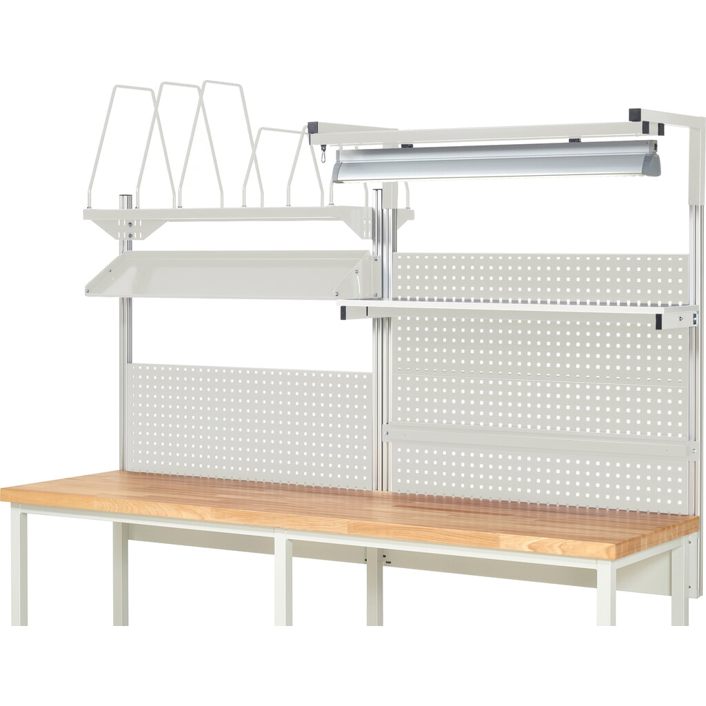 Productafbeelding nr. 2: Werkbankopbouw RAU, hxbxd 1.380 x 2.500 x 2.500 mm, met 1 legbord, 1 draagrail, 1 kantelbaar metalen legbord, 1 flatscreenhouder en 1 lamp, complete set 06 voor productbreedte 2.500 mm