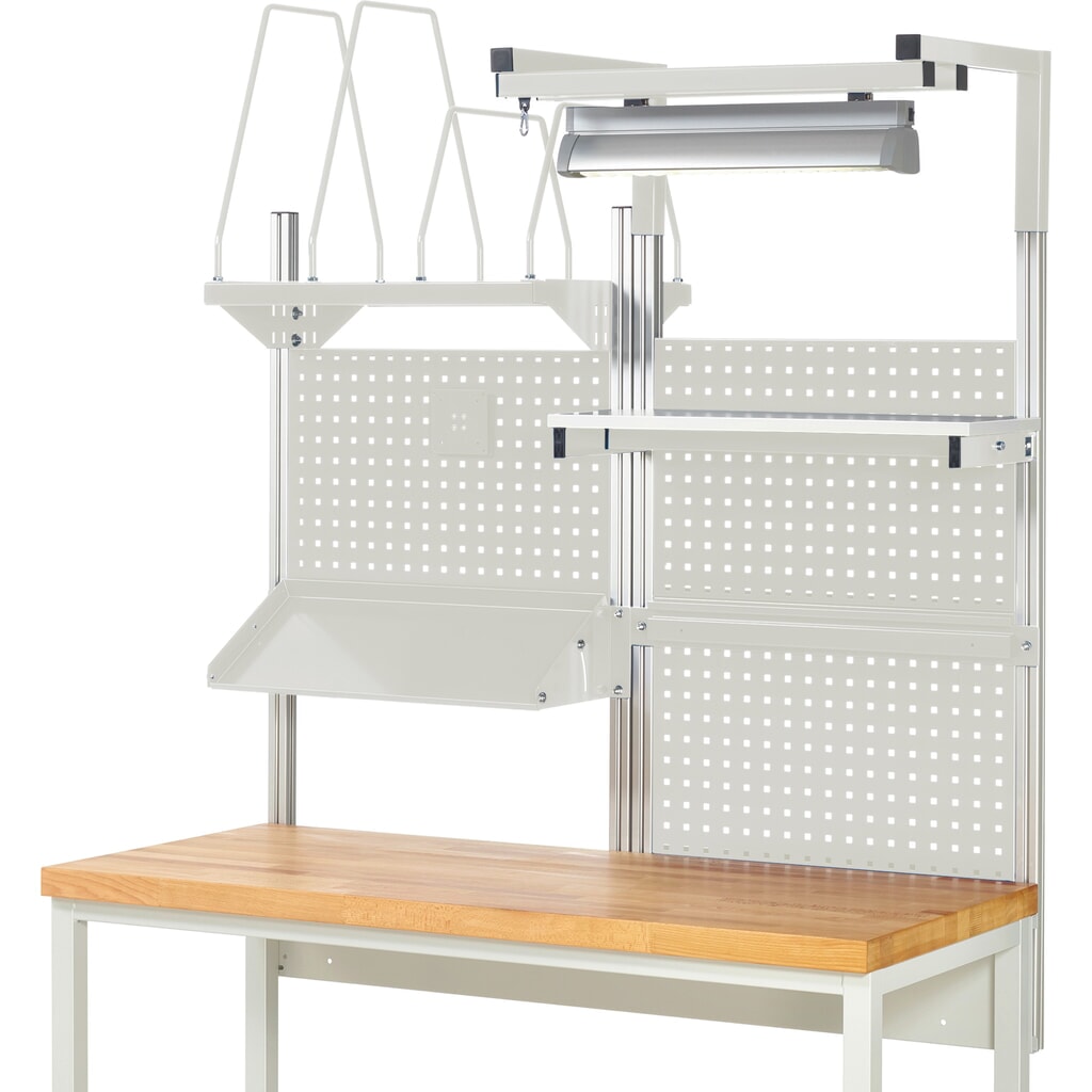 Productafbeelding nr. 2: Werkbankopbouw RAU, hxbxd 1.380 x 1.500 x 1.500 mm, met 1 legbord, 1 draagrail, 1 kantelbaar metalen legbord, 1 flatscreenhouder en 1 lamp, complete set 06 voor productbreedte 1.500 mm