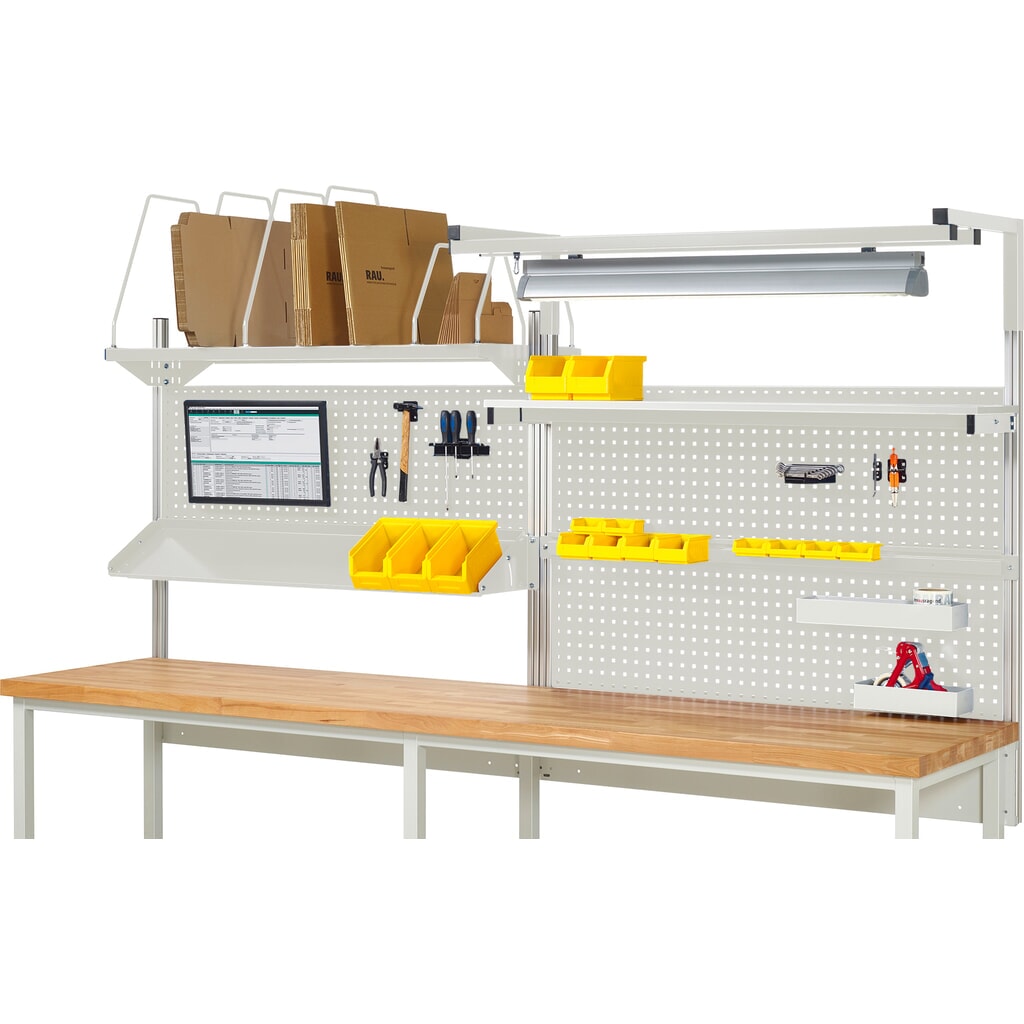 Product afbeelding: Werkbankopbouw RAU, hxbxd 1.380 x 3.000 x 3.000 mm, met 1 legbord, 1 draagrail, 1 kantelbaar metalen legbord, 1 flatscreenhouder en 1 lamp, complete set 06 voor productbreedte 3.000 mm