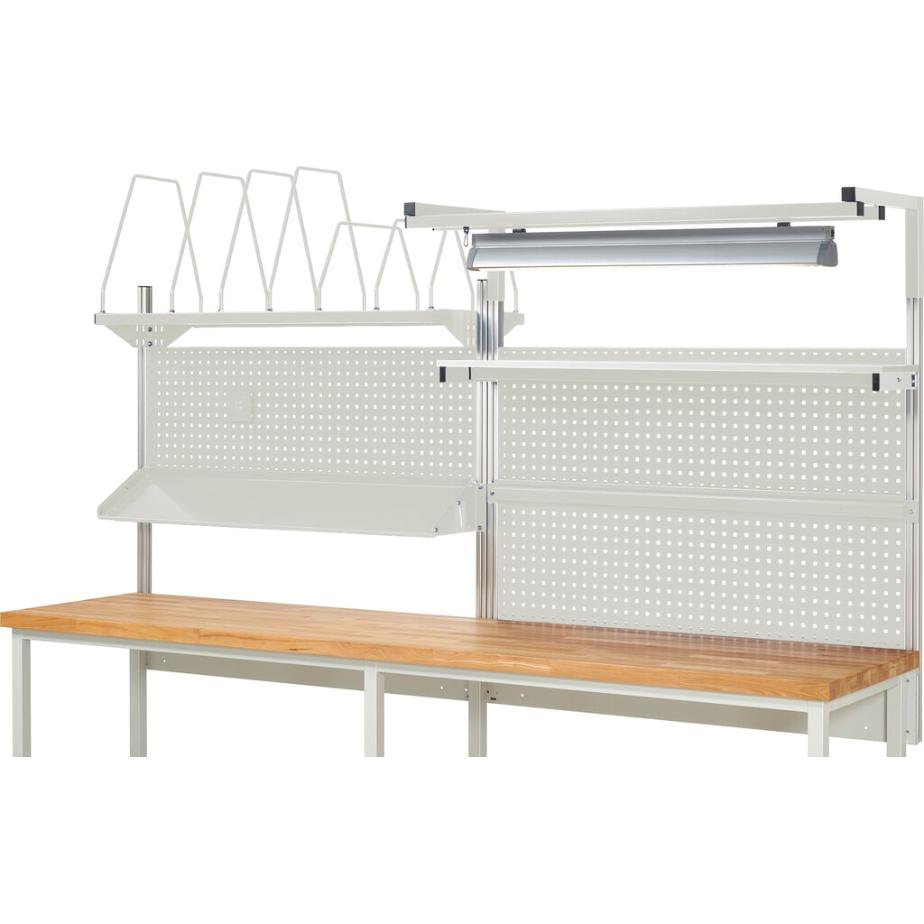 Productafbeelding nr. 2: Werkbankopbouw RAU, hxbxd 1.380 x 3.000 x 3.000 mm, met 1 legbord, 1 draagrail, 1 kantelbaar metalen legbord, 1 flatscreenhouder en 1 lamp, complete set 06 voor productbreedte 3.000 mm