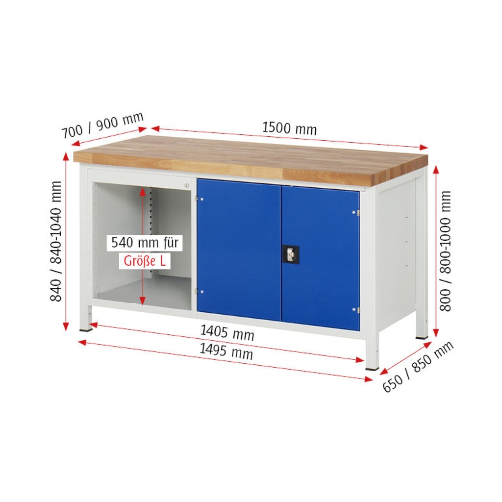 Werkbank RAU serie 8000, 1 dubbele kast, 1 legbord, 1 dubbele draaideur, hxbxd 840-1.040 x 1.500 x 700 mm, 3 x voor 90% uittrekbare lades Productafbeelding nr. 8: Werkbank RAU serie 8000, 1 dubbele kast, 1 legbord, 1 dubbele draaideur, hxbxd 840-1.040 x 1.500 x 700 mm, 3 x voor 90% uittrekbare lades