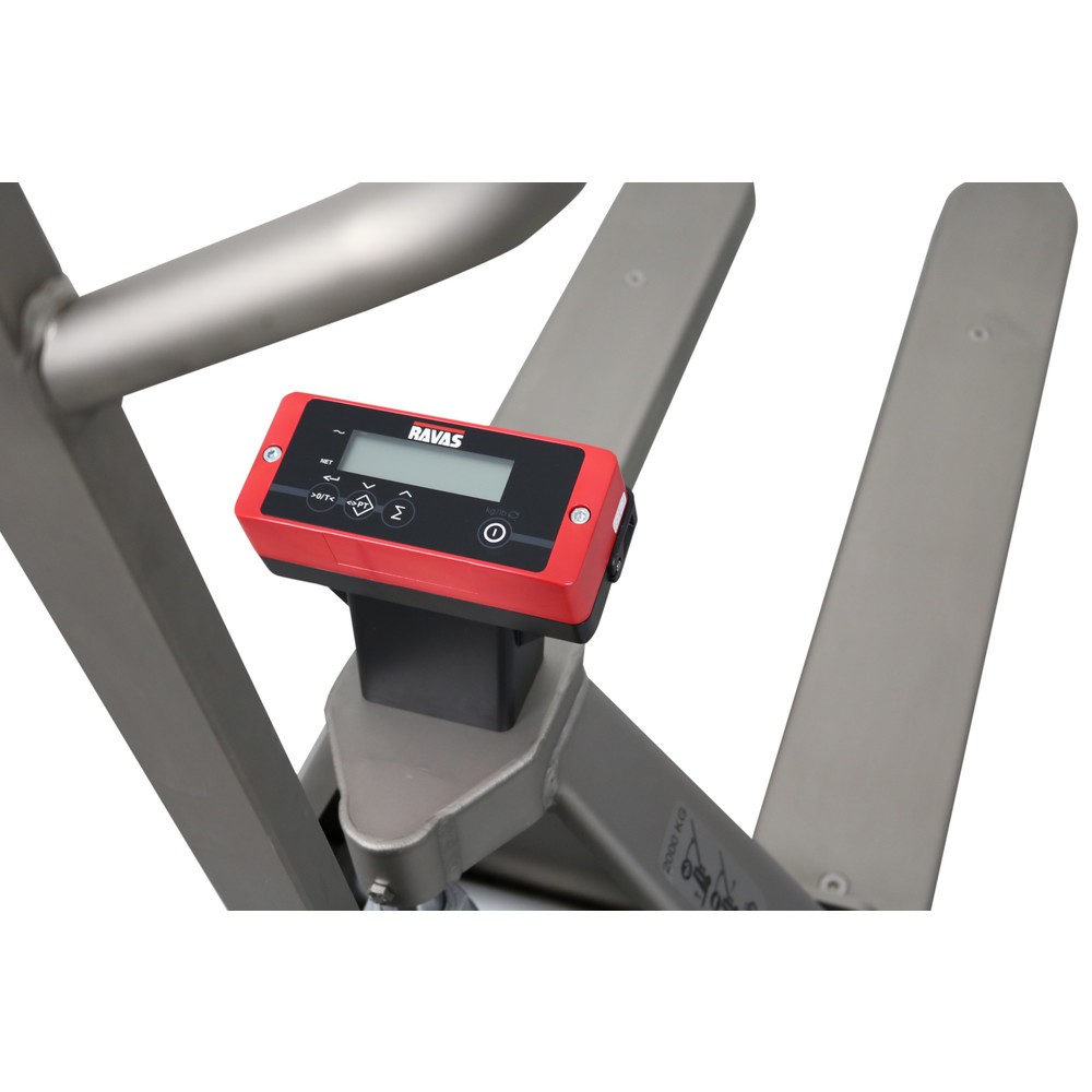 Productafbeelding nr. 2: rvs Handtranspallet Ravas met INOX weegschaal, draagvermogen 2.000 kg, vorklengte 1.150 mm, polyamide, tandemwielen