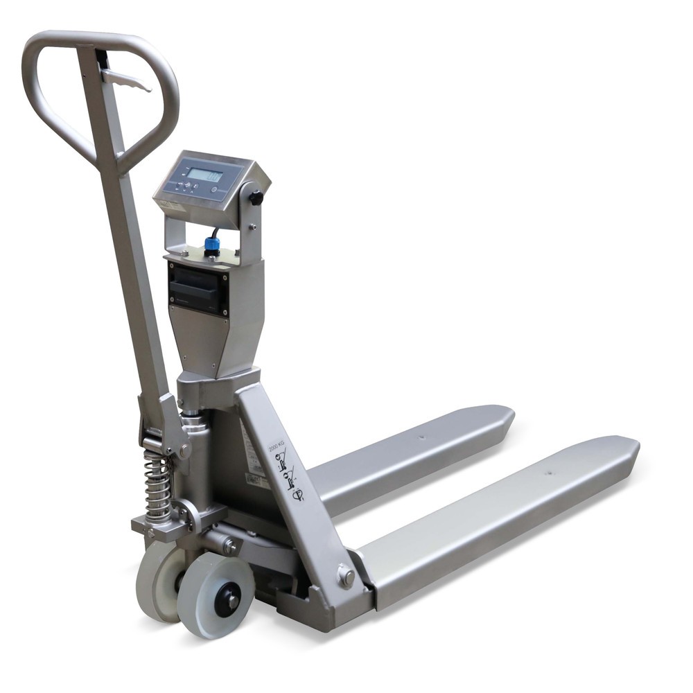 Product afbeelding: Roestvrijstalen Handtranspallet met weegschaal INOX PRO met meerbereikweergave, draagvermogen 2.000 kg, VL 1.150 mm, polyamide, tandemwielen