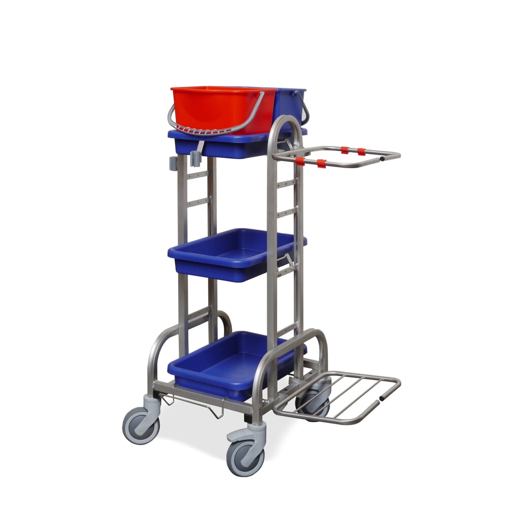 Schoonmaakwagen Roestvrij staal III, 2 x 10 liter, frame voor afvalzak van 120 liter, 3 opvangbakken Product afbeelding: Schoonmaakwagen Roestvrij staal III, 2 x 10 liter, frame voor afvalzak van 120 liter, 3 opvangbakken