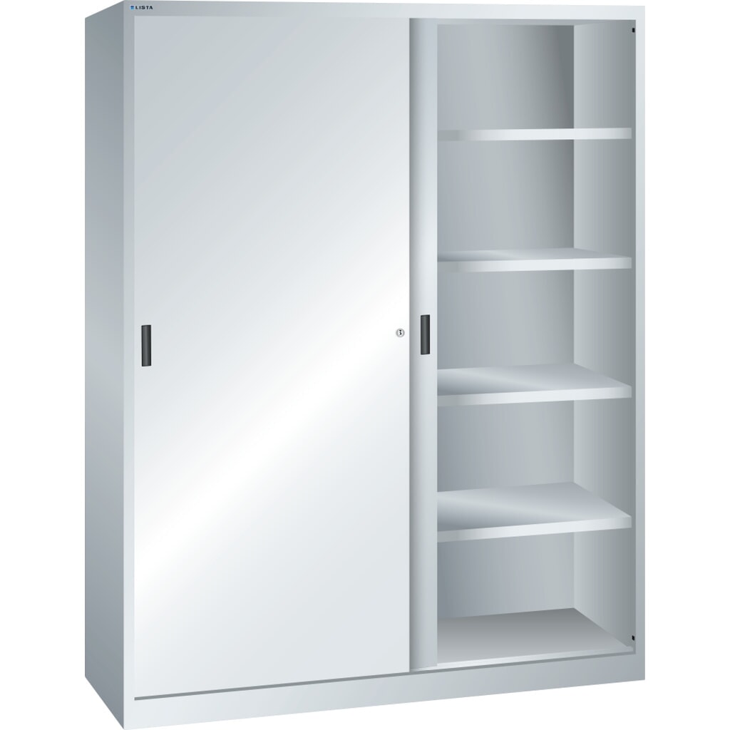 Schuifdeurkast LISTA, (bxdxh) 1500x400x1950 mm, 8 verstelbare legborden, lichtgrijs Product afbeelding: Schuifdeurkast LISTA, (bxdxh) 1500x400x1950 mm, 8 verstelbare legborden, lichtgrijs
