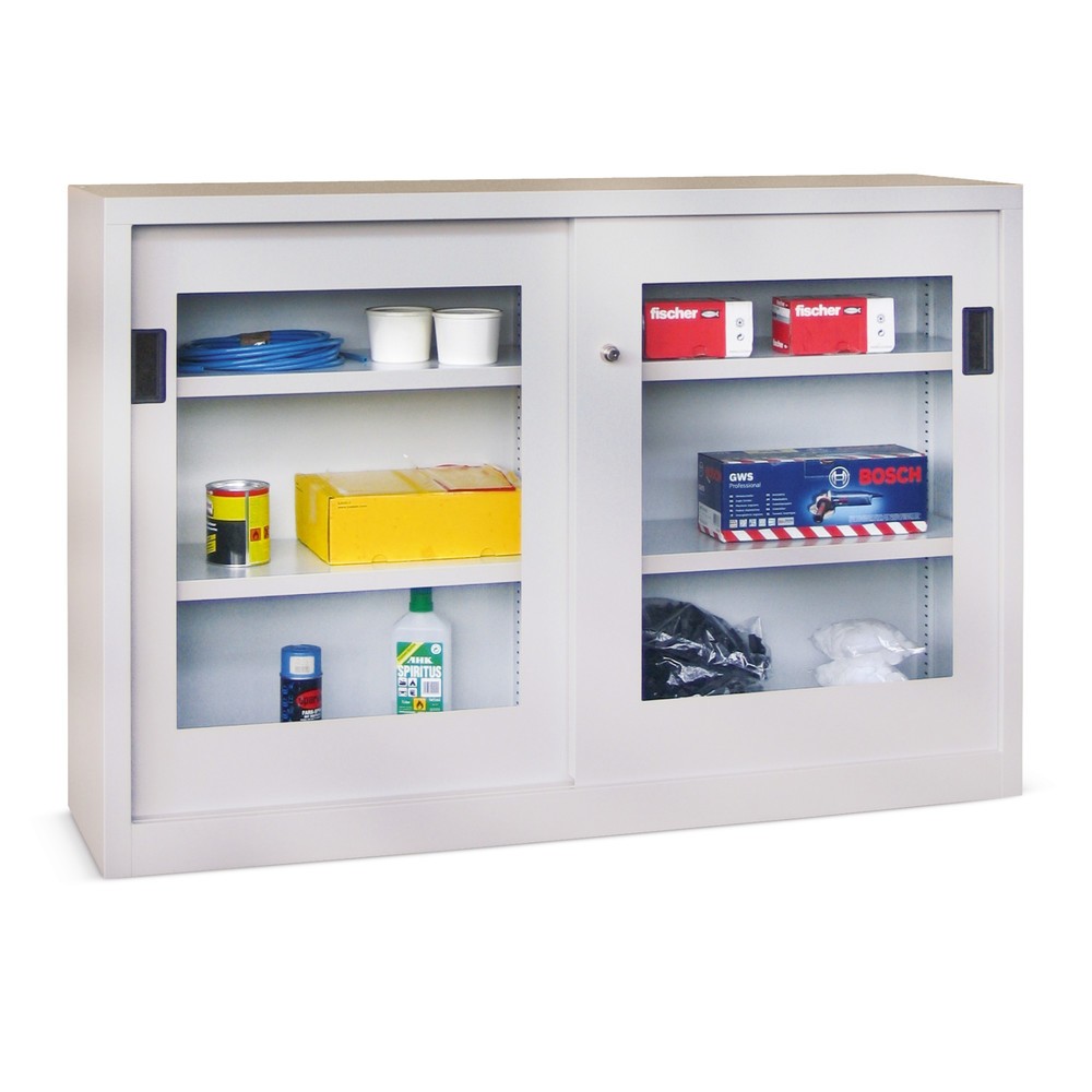 Productafbeelding nr. 1: Schuifdeurkast PAVOY met kijkvensters, 2 legborden, hxbxd 1.000 x 1.000 x 500 mm, lichtgrijs, lichtgrijs