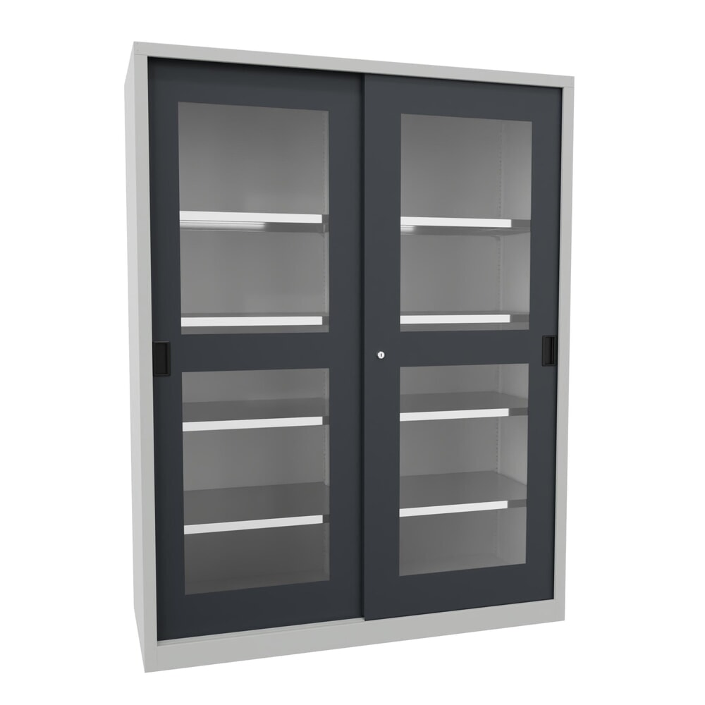 Product afbeelding: Schuifdeurkast PAVOY met kijkvensters, 8 legborden + scheidingswand, hxbxd 1.950 x 1.500 x 600 mm, antracietgrijs, lichtgrijs