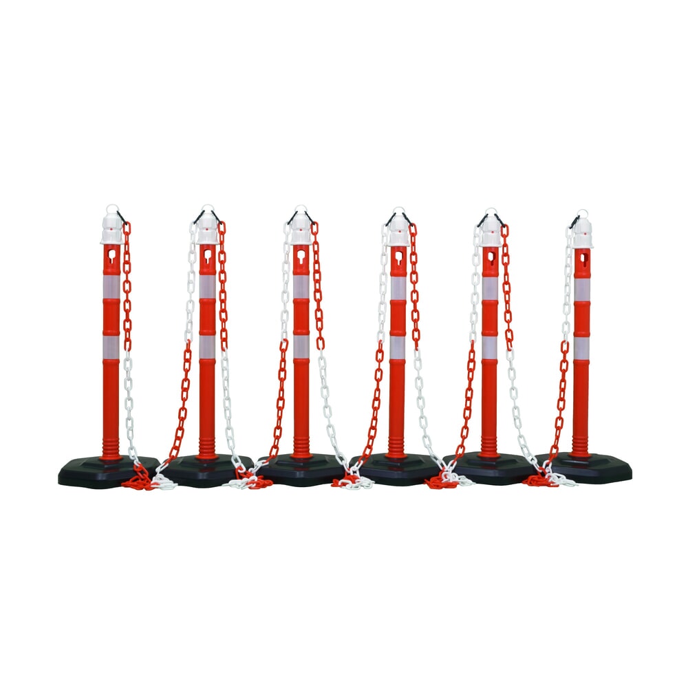 Product afbeelding: Set kettingpalen Premium, 4 palen rood/wit, 3 kettingen van 3 m