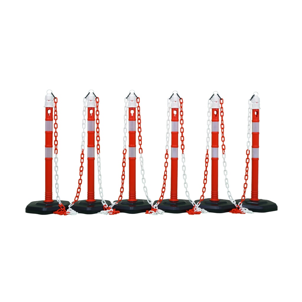 Product afbeelding: Set kettingpalen Premium, 4 palen rood/wit, 3 kettingen van 3 m