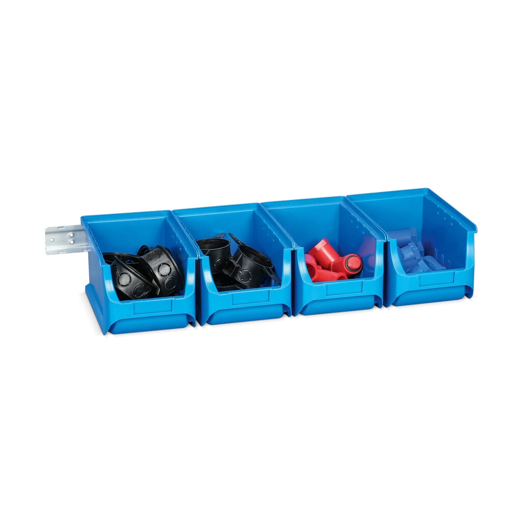 Allit set open bakken met draagrails, 4 blauwe magazijnbakken maat 5 Product afbeelding: Allit set open bakken met draagrails, 4 blauwe magazijnbakken maat 5