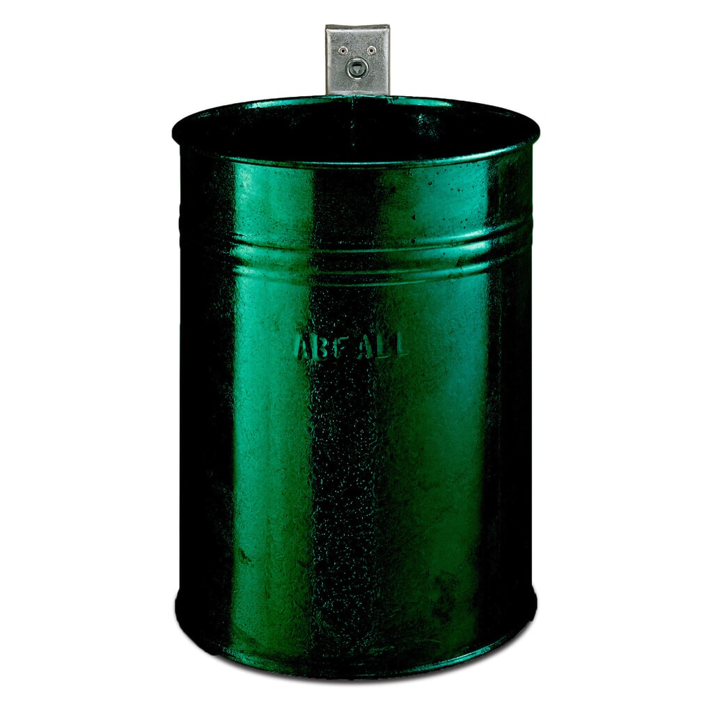 RENNER Stalen afvalbak, 35 liter, rond, wandmontage, gesloten structuur, mosgroen Product afbeelding: RENNER Stalen afvalbak, 35 liter, rond, wandmontage, gesloten structuur, mosgroen