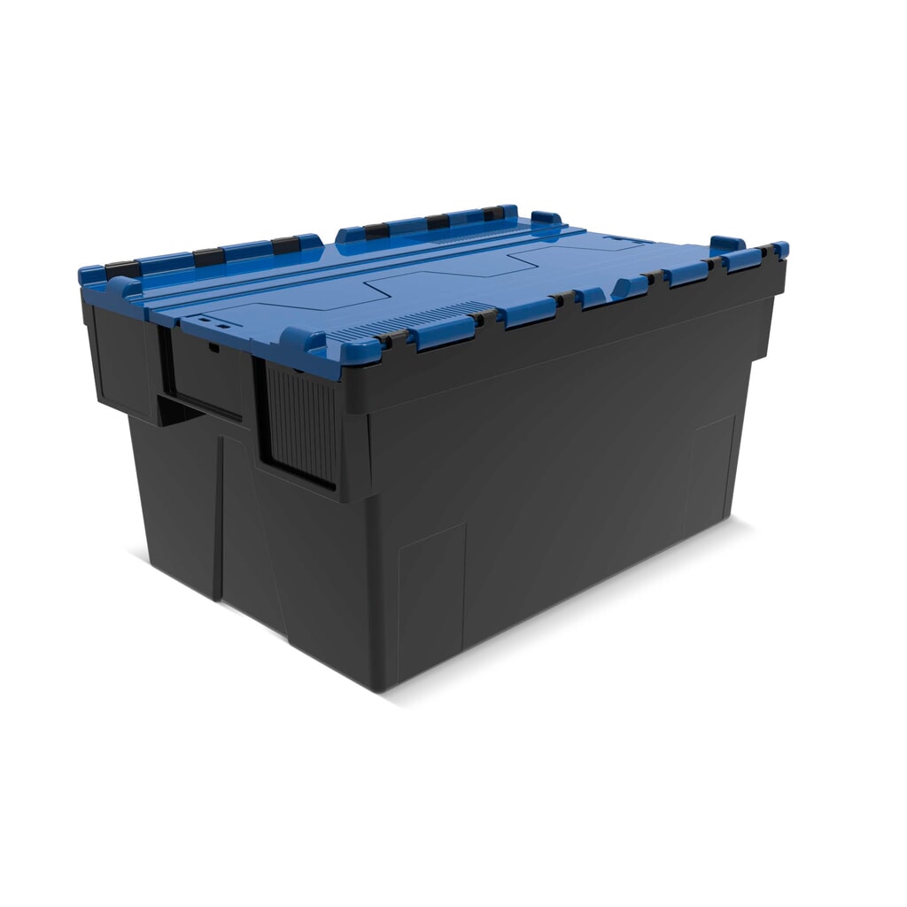 Alpha Eurobox van PP-regranulaat met klapdeksel, zwart/gentiaanblauw, 56 liter, hxbxd 310 x 600 x 400 mm Product afbeelding: Alpha Eurobox van PP-regranulaat met klapdeksel, zwart/gentiaanblauw, 56 liter, hxbxd 310 x 600 x 400 mm