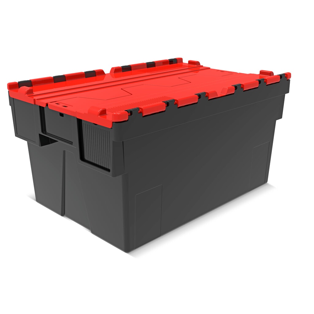 Alpha Eurobox van PP-regranulaat met klapdeksel, zwart/rood, 56 liter, hxbxd 310 x 600 x 400 mm Product afbeelding: Alpha Eurobox van PP-regranulaat met klapdeksel, zwart/rood, 56 liter, hxbxd 310 x 600 x 400 mm