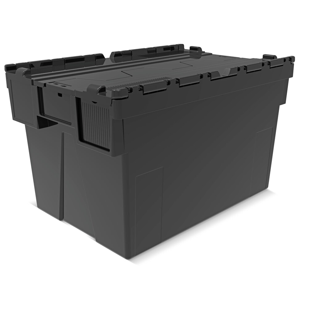 Alpha Eurobox van PP-regranulaat met klapdeksel, zwart, 65 liter, hxbxd 365 x 600 x 400 mm Product afbeelding: Alpha Eurobox van PP-regranulaat met klapdeksel, zwart, 65 liter, hxbxd 365 x 600 x 400 mm