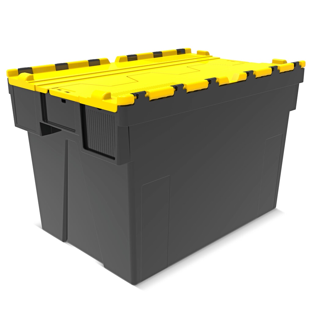 Alpha Eurobox van PP-regranulaat met klapdeksel, zwart/geel, 77 liter, hxbxd 400 x 600 x 400 mm Product afbeelding: Alpha Eurobox van PP-regranulaat met klapdeksel, zwart/geel, 77 liter, hxbxd 400 x 600 x 400 mm