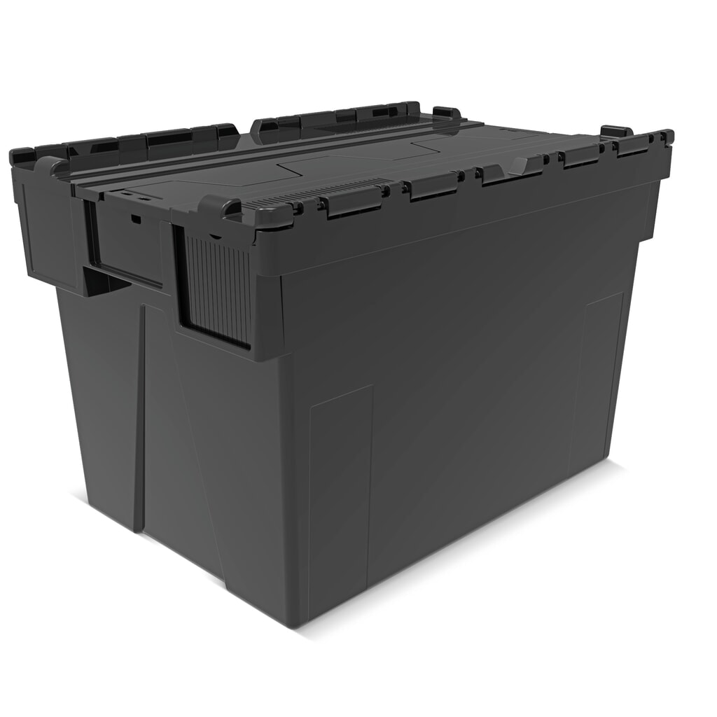 Alpha Eurobox van PP-regranulaat met klapdeksel, zwart, 77 liter, hxbxd 400 x 600 x 400 mm Product afbeelding: Alpha Eurobox van PP-regranulaat met klapdeksel, zwart, 77 liter, hxbxd 400 x 600 x 400 mm