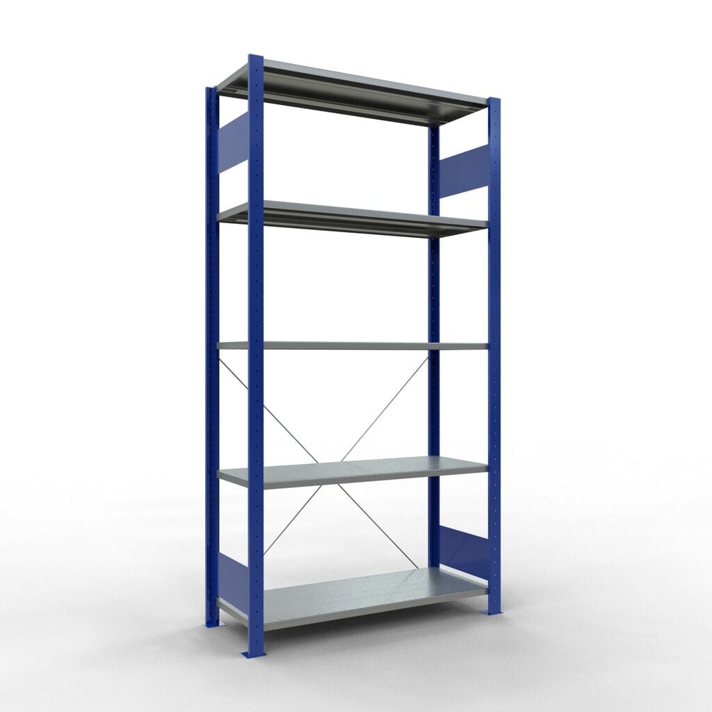 Legbordrek SCHULTE, gentiaanblauw / verzinkt, met 5 legborden van plaatstaal, vaklast 150 kg, hxbxd 2.000 x 1.060 x 436 mm Product afbeelding: Legbordrek SCHULTE, gentiaanblauw / verzinkt, met 5 legborden van plaatstaal, vaklast 150 kg, hxbxd 2.000 x 1.060 x 436 mm