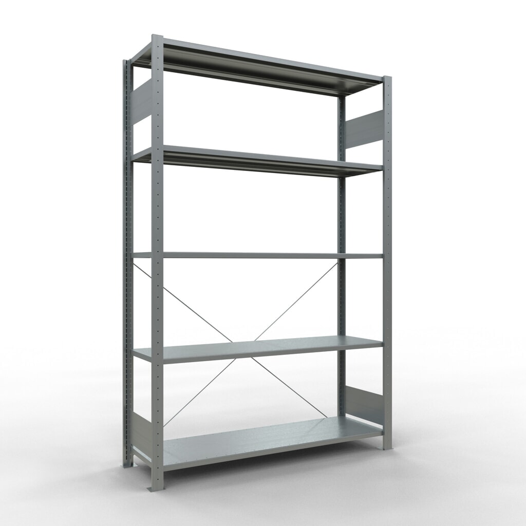 Legbordrek SCHULTE, verzinkt, met 5 legborden van plaatstaal, vaklast 150 kg, hxbxd 2.000 x 1.360 x 436 mm Product afbeelding: Legbordrek SCHULTE, verzinkt, met 5 legborden van plaatstaal, vaklast 150 kg, hxbxd 2.000 x 1.360 x 436 mm