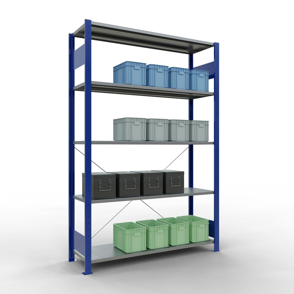 Productafbeelding nr. 3: Legbordrek SCHULTE, gentiaanblauw / verzinkt, met 5 legborden van plaatstaal, vaklast 150 kg, hxbxd 2.000 x 1.360 x 436 mm