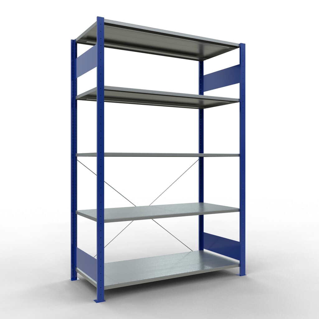 Legbordrek SCHULTE, gentiaanblauw / verzinkt, met 5 legborden van plaatstaal, vaklast 150 kg, hxbxd 2.000 x 1.360 x 636 mm Product afbeelding: Legbordrek SCHULTE, gentiaanblauw / verzinkt, met 5 legborden van plaatstaal, vaklast 150 kg, hxbxd 2.000 x 1.360 x 636 mm