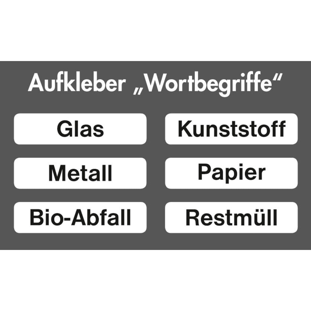 Stickerset met opschrift voor kringloopafvalbak stumpf®, rechthoekig, waterdicht, 6 st/VE Product afbeelding: Stickerset met opschrift voor kringloopafvalbak stumpf®, rechthoekig, waterdicht, 6 st/VE