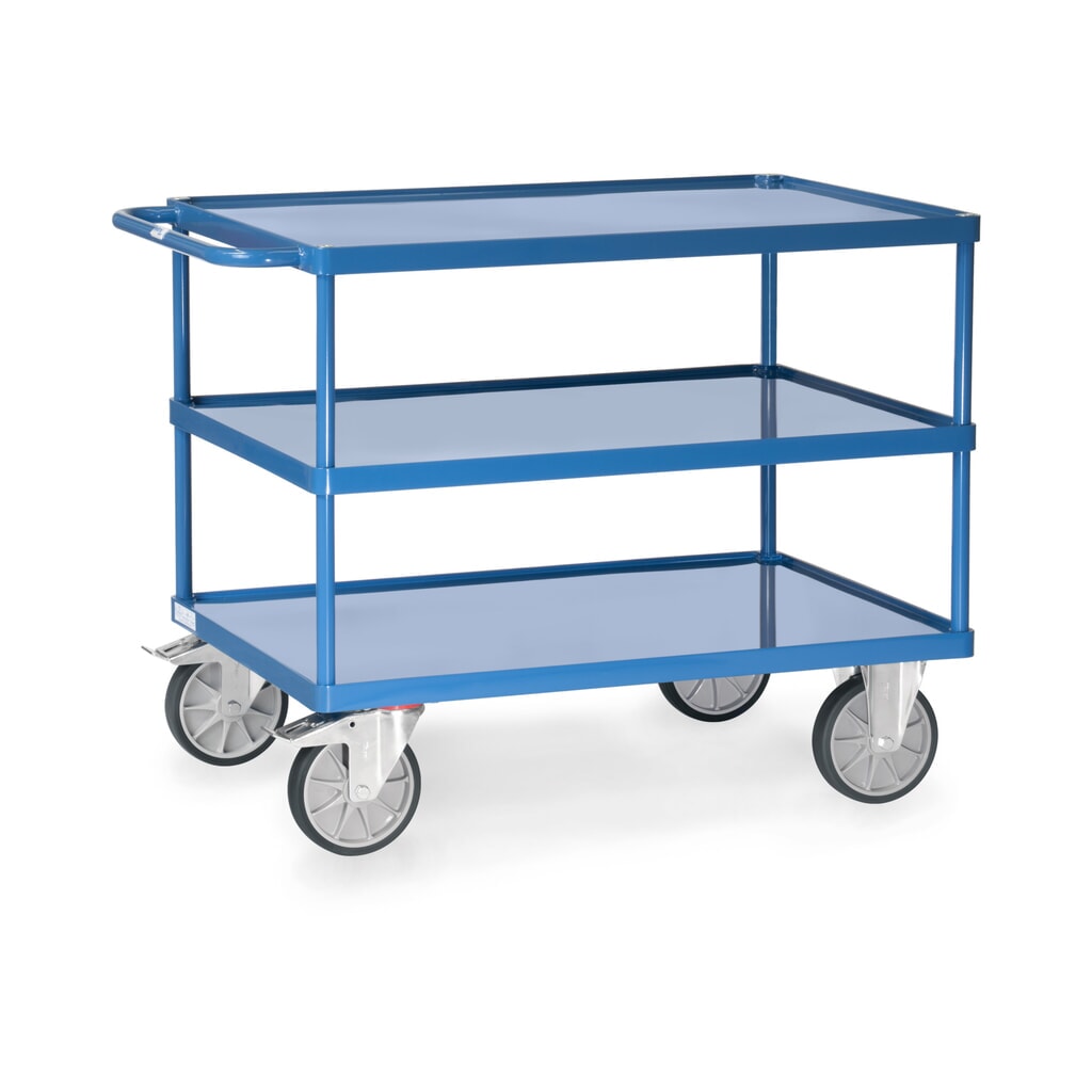 Tafel- en montagewagen fetra® met lekbakken van plaatstaal Product afbeelding: Tafel- en montagewagen fetra® met lekbakken van plaatstaal