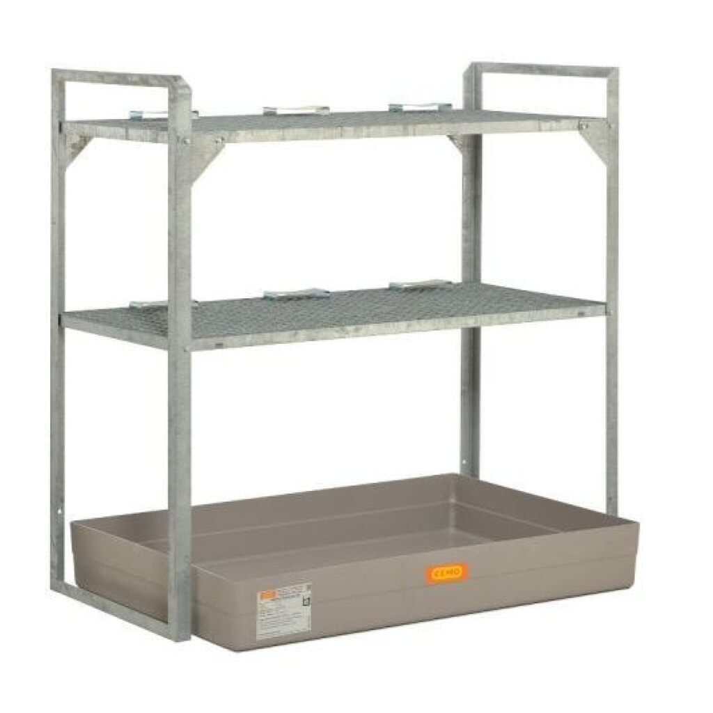 Vatenrek CEMO voor gevaarlijke stoffen, GVK-lekbak, voor 6 vaten van 60 liter, 2 roosters Product afbeelding: Vatenrek CEMO voor gevaarlijke stoffen, GVK-lekbak, voor 6 vaten van 60 liter, 2 roosters