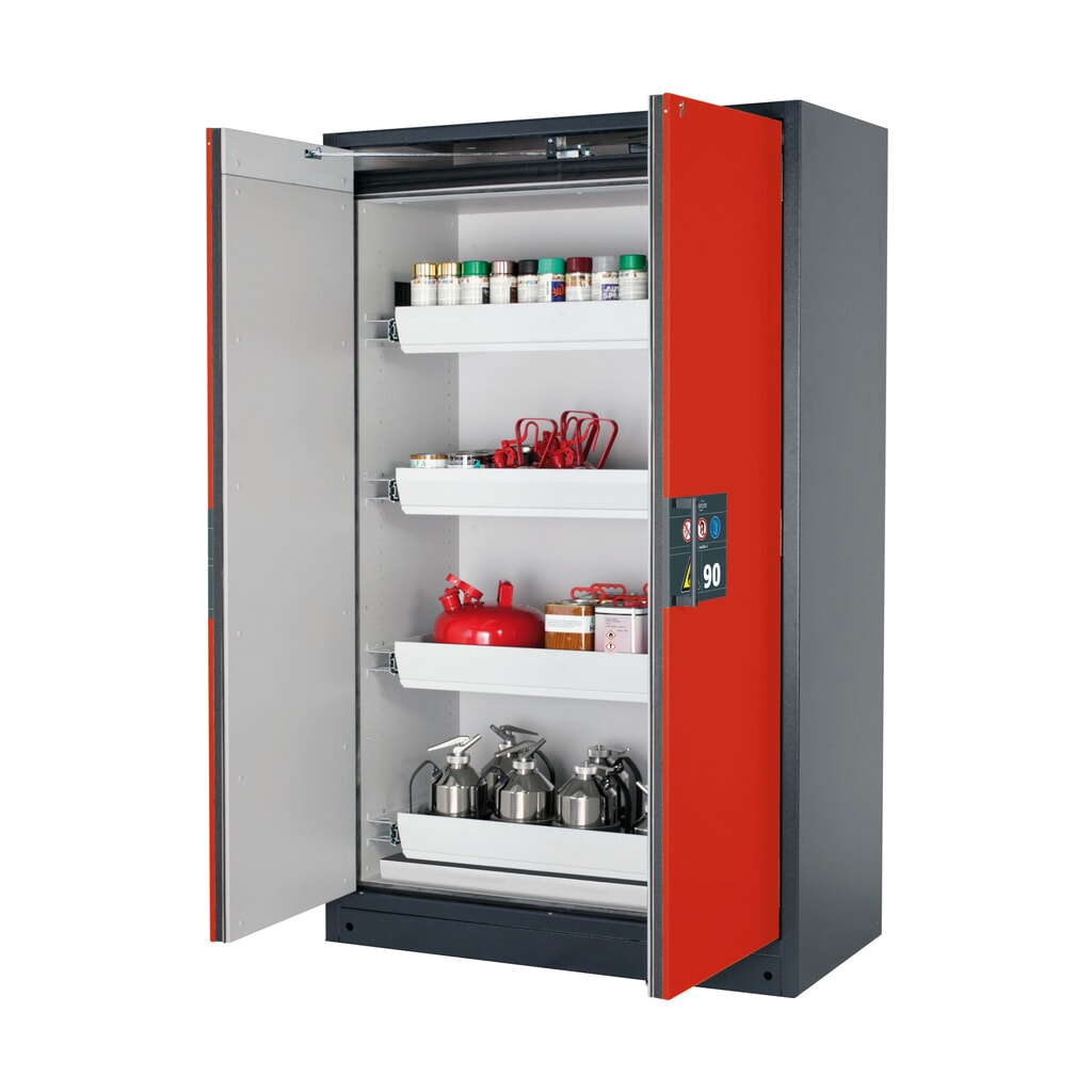 Product afbeelding: Brandveilige kluis asecos® Q-PEGASUS / type 90, 4 uittrekbare lekbakken, hxbxd 1.953 x 1.193 x 615 mm, verkeersrood
