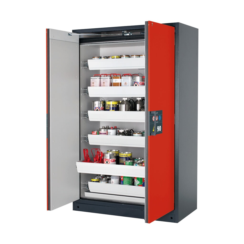 Product afbeelding: Brandveilige kluis asecos® Q-PEGASUS / type 90, 6 uittrekbare lekbakken, hxbxd 1.953 x 1.193 x 615 mm, verkeersrood