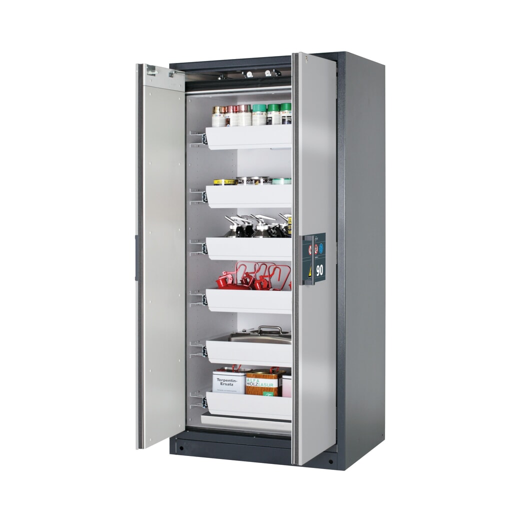 Brandveilige kluis asecos® Q-PEGASUS / type 90, 6 uittrekbare lekbakken, hxbxd 1.953 x 893 x 615 mm, zilver Product afbeelding: Brandveilige kluis asecos® Q-PEGASUS / type 90, 6 uittrekbare lekbakken, hxbxd 1.953 x 893 x 615 mm, zilver