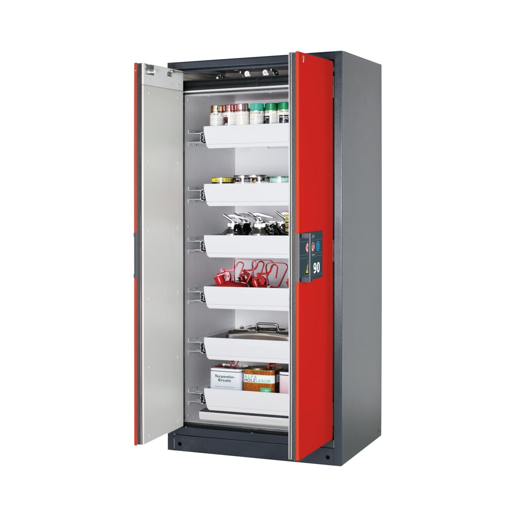 Brandveilige kluis asecos® Q-PEGASUS / type 90, 6 uittrekbare lekbakken, hxbxd 1.953 x 893 x 615 mm, verkeersrood Product afbeelding: Brandveilige kluis asecos® Q-PEGASUS / type 90, 6 uittrekbare lekbakken, hxbxd 1.953 x 893 x 615 mm, verkeersrood