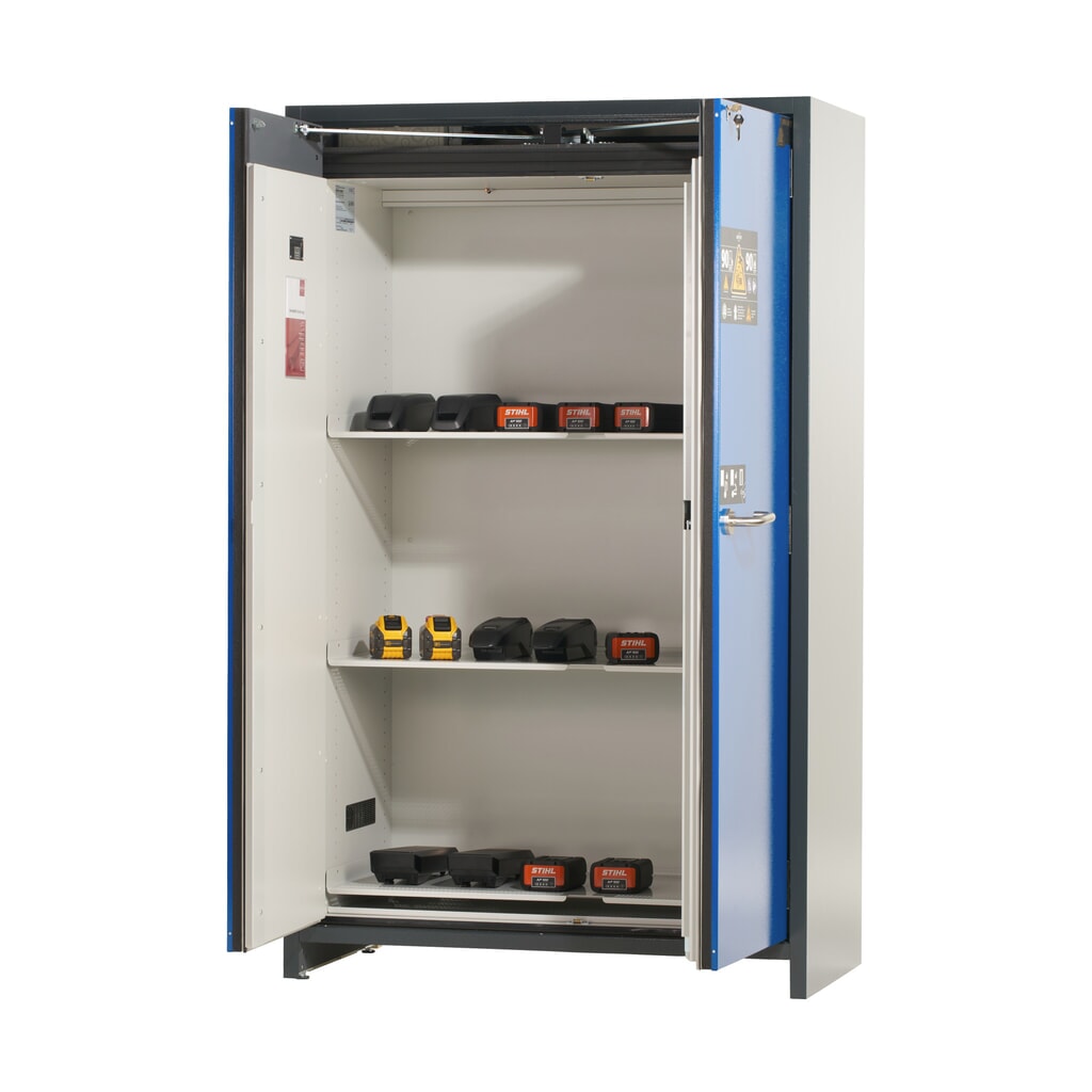 asecos® accu-veiligheidskast type 90 voor lithium-ion batterijen ION-CORE-STORE, hxbxd 1.953 x 1.193 x 615 mm, 3x geïsoleerde legborden, 1x bodemlekbak Productafbeelding nr. 3: asecos® accu-veiligheidskast type 90 voor lithium-ion batterijen ION-CORE-STORE, hxbxd 1.953 x 1.193 x 615 mm, 3x geïsoleerde legborden, 1x bodemlekbak