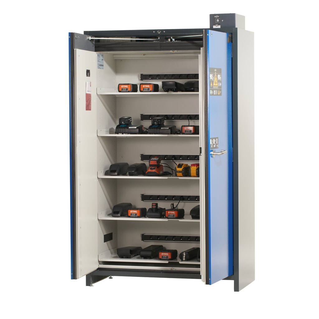 asecos® accu-veiligheidskast type 90 voor Lithium-ion batterijen ION-PRO-CHARGE, hxbxd 2.224 x 1.193 x 615 mm, 5x geïsoleerde legborden, 5x contactdooslijst (EU-versie), 1x bodemlekbak Productafbeelding nr. 6: asecos® accu-veiligheidskast type 90 voor Lithium-ion batterijen ION-PRO-CHARGE, hxbxd 2.224 x 1.193 x 615 mm, 5x geïsoleerde legborden, 5x contactdooslijst (EU-versie), 1x bodemlekbak