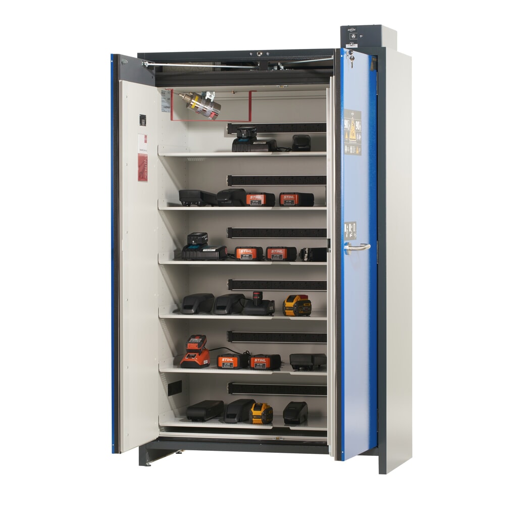 Productafbeelding nr. 7: asecos® accu-veiligheidskast type 90 voor Lithium-ion batterijen ION-PRO-CHARGE, hxbxd 2.224 x 1.193 x 615 mm, 6x geïsoleerde legborden, 6x contactdooslijst (EU-versie), 1x bodemlekbak
