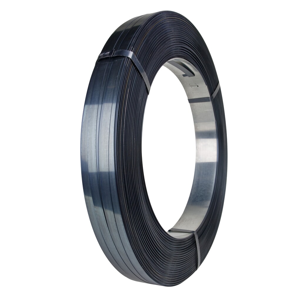 Verpakkingsstaalband geblauwd + gewaxt, 12,7 x 0,5 mm, pakomwikkeling Product afbeelding: Verpakkingsstaalband geblauwd + gewaxt, 12,7 x 0,5 mm, pakomwikkeling