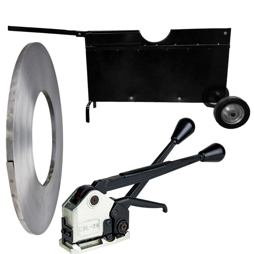 Product afbeelding: Verpakkingsstaalband-set bestaande uit blanke band, afrolwagen en omsnoeringsapparaat