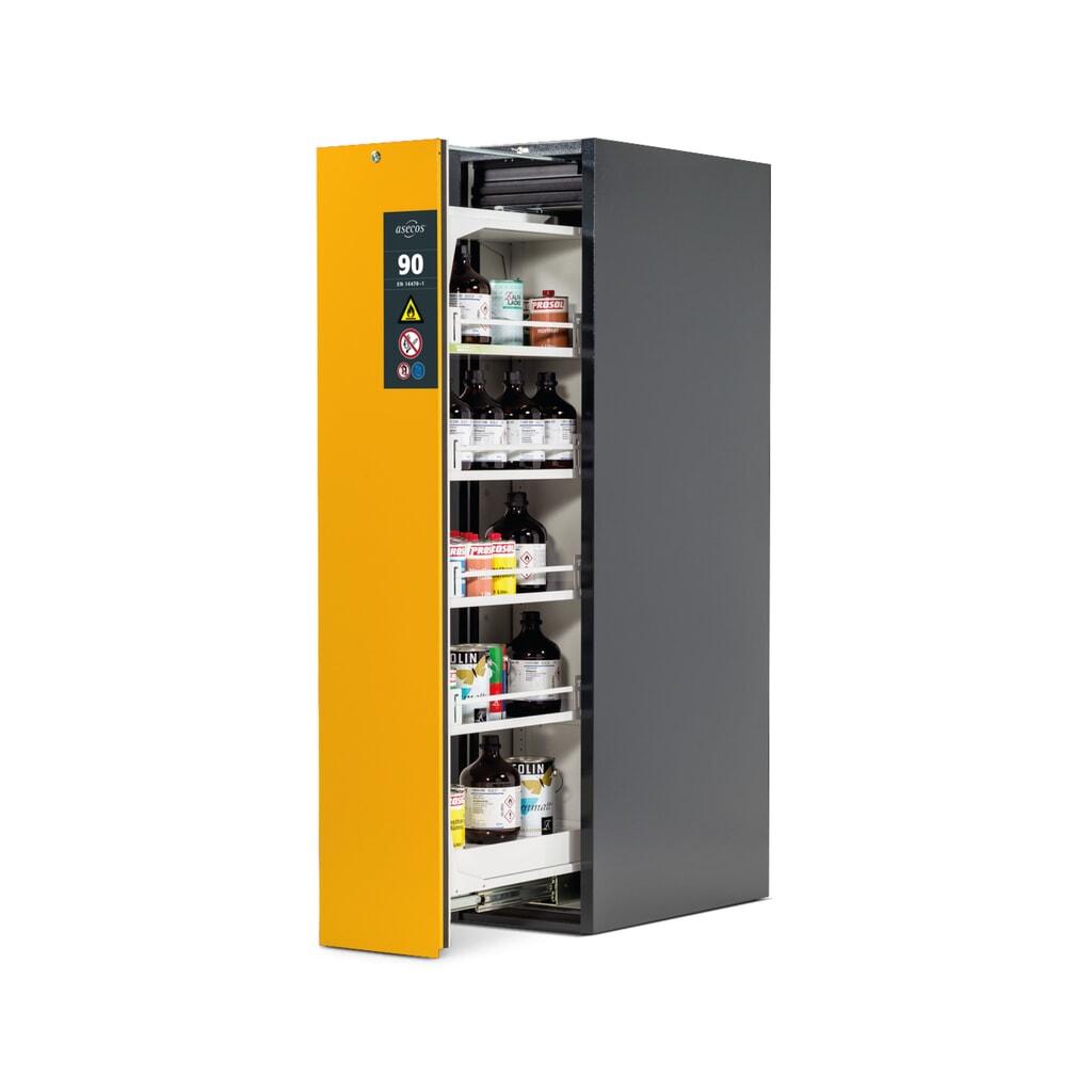 asecos® brandveiligheidskast V-MOVE-90 met verticale uittrekfunctie, hxbxd 1.966 x 449 x 860 mm, antraciet, geel Product afbeelding: asecos® brandveiligheidskast V-MOVE-90 met verticale uittrekfunctie, hxbxd 1.966 x 449 x 860 mm, antraciet, geel