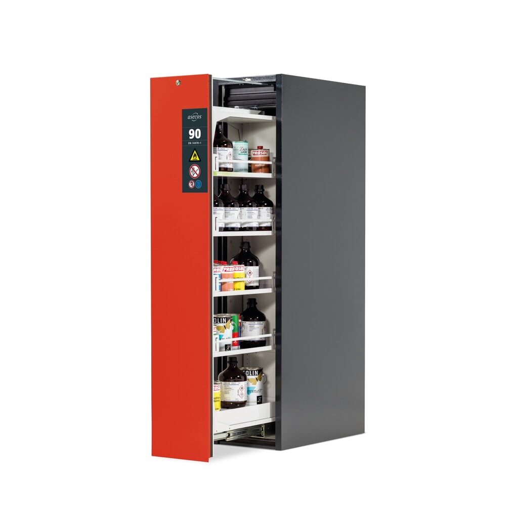 asecos® brandveiligheidskast V-MOVE-90 met verticale uittrekfunctie, hxbxd 1.966 x 449 x 860 mm, antraciet, verkeersrood Product afbeelding: asecos® brandveiligheidskast V-MOVE-90 met verticale uittrekfunctie, hxbxd 1.966 x 449 x 860 mm, antraciet, verkeersrood