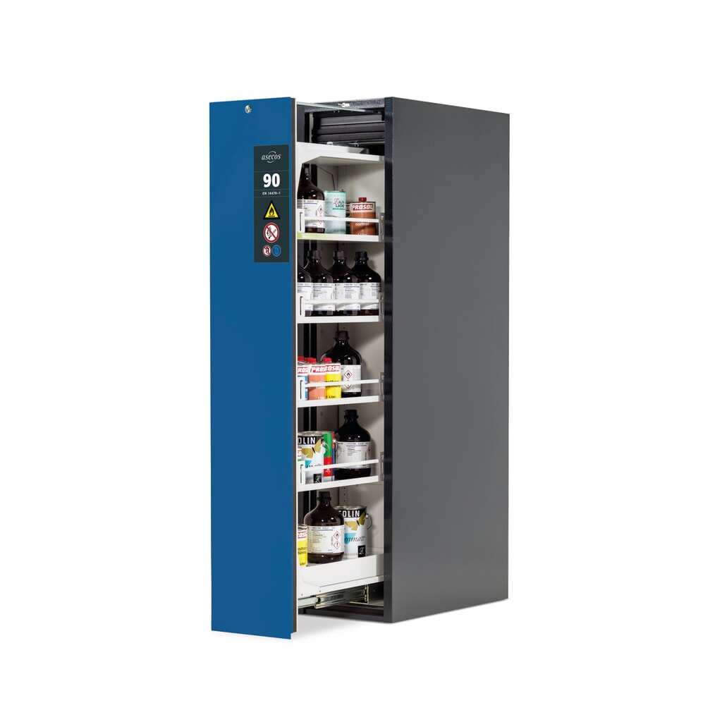 Product afbeelding: asecos® brandveiligheidskast V-MOVE-90 met verticale uittrekfunctie, hxbxd 1.966 x 449 x 860 mm, antraciet, gentiaanblauw