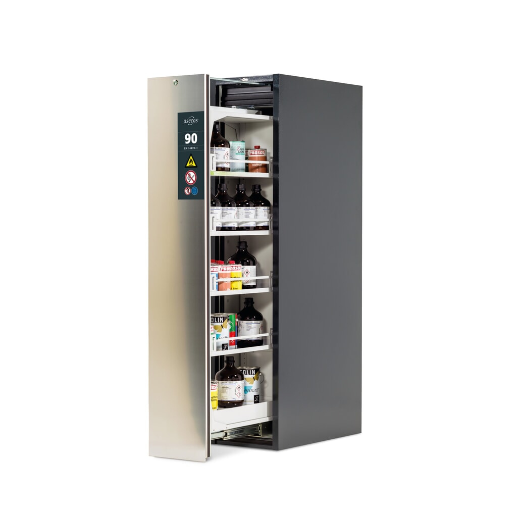asecos® brandveiligheidskast V-MOVE-90 met verticale uittrekfunctie, hxbxd 1.966 x 449 x 860 mm, antraciet, roestvrij staal Product afbeelding: asecos® brandveiligheidskast V-MOVE-90 met verticale uittrekfunctie, hxbxd 1.966 x 449 x 860 mm, antraciet, roestvrij staal