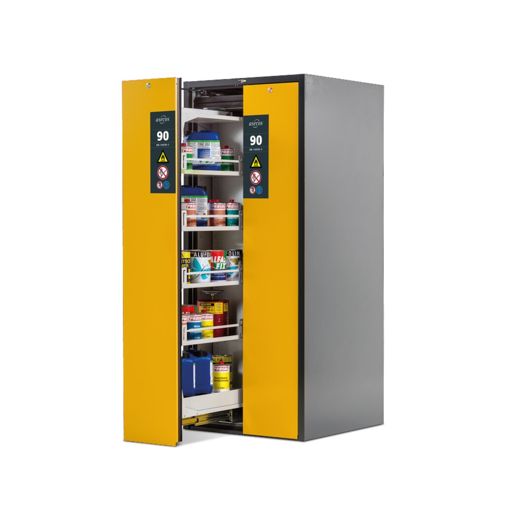 asecos® brandveiligheidskast V-MOVE-90 met verticale uittrekfunctie, hxbxd 1.966 x 819 x 860 mm, antraciet, geel Product afbeelding: asecos® brandveiligheidskast V-MOVE-90 met verticale uittrekfunctie, hxbxd 1.966 x 819 x 860 mm, antraciet, geel