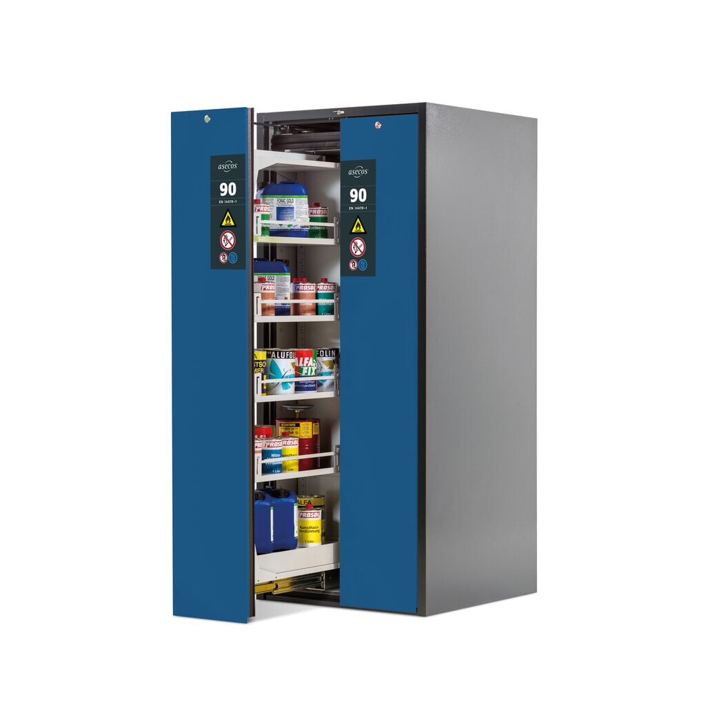 asecos® brandveiligheidskast V-MOVE-90 met verticale uittrekfunctie, hxbxd 1.966 x 819 x 860 mm, antraciet, gentiaanblauw Product afbeelding: asecos® brandveiligheidskast V-MOVE-90 met verticale uittrekfunctie, hxbxd 1.966 x 819 x 860 mm, antraciet, gentiaanblauw