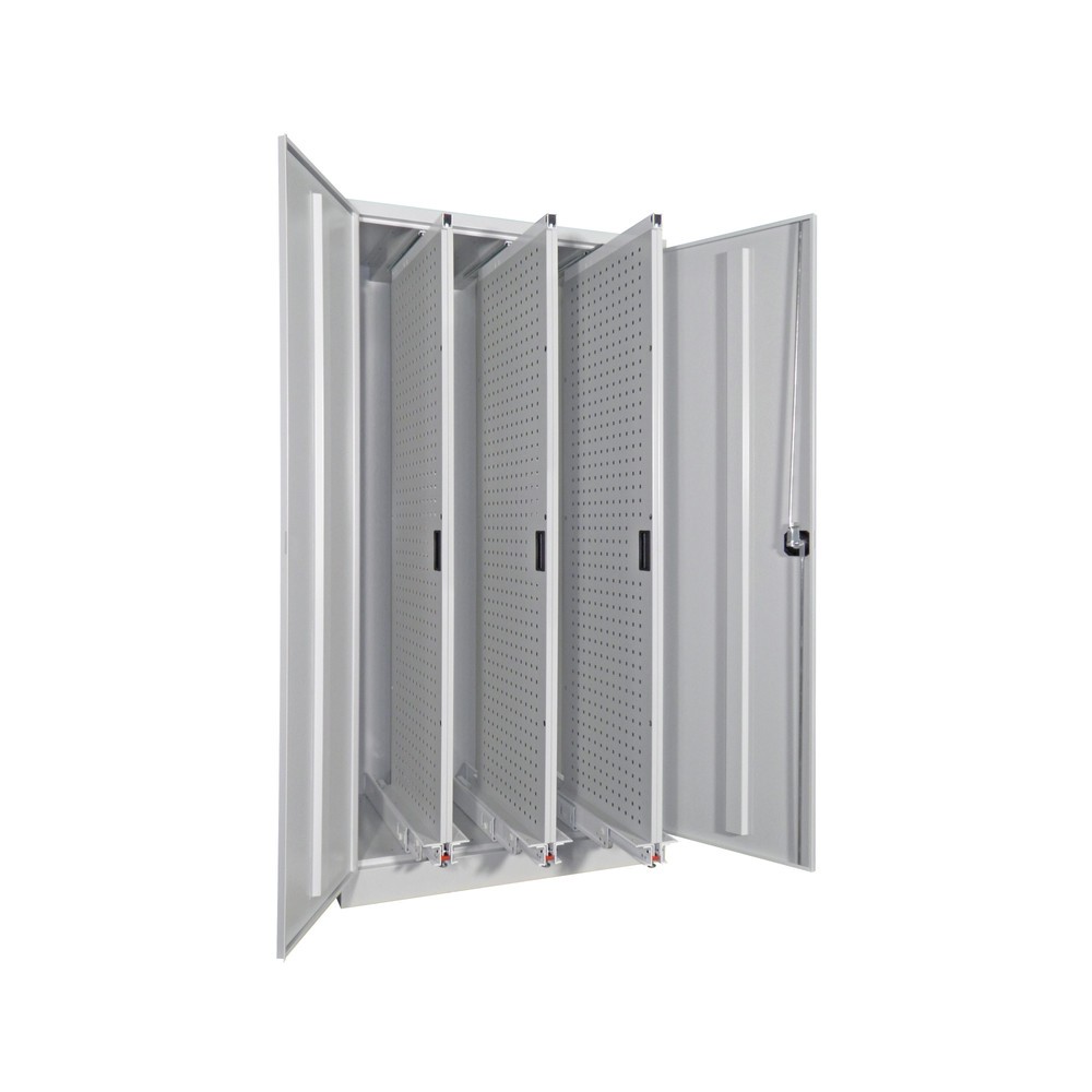 Productafbeelding nr. 1: Verticaal uitschuifbare kast PAVOY met geperforeerde wanden, 3 uitschuifbare secties, hxbxd 1.950 x 1.000 x 600 mm, lichtgrijs, gentiaanblauw