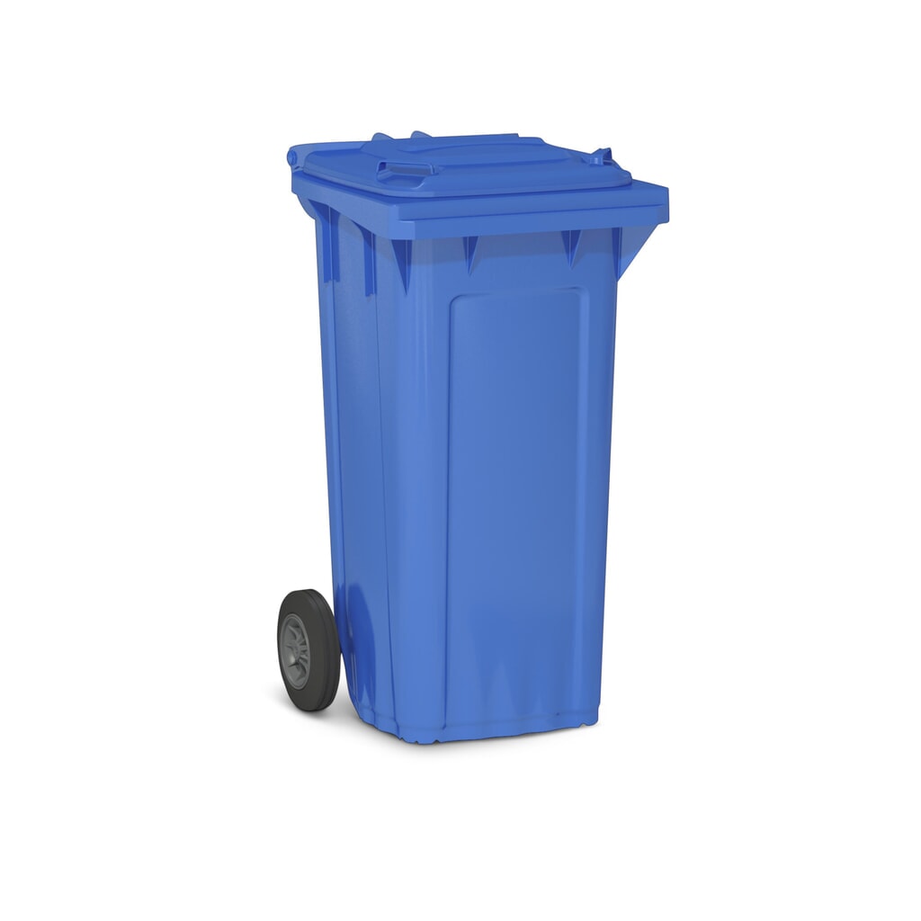 Kunststof afvalcontainer met wielen, 120 liter, blauw/zwart Product afbeelding: Kunststof afvalcontainer met wielen, 120 liter, blauw/zwart