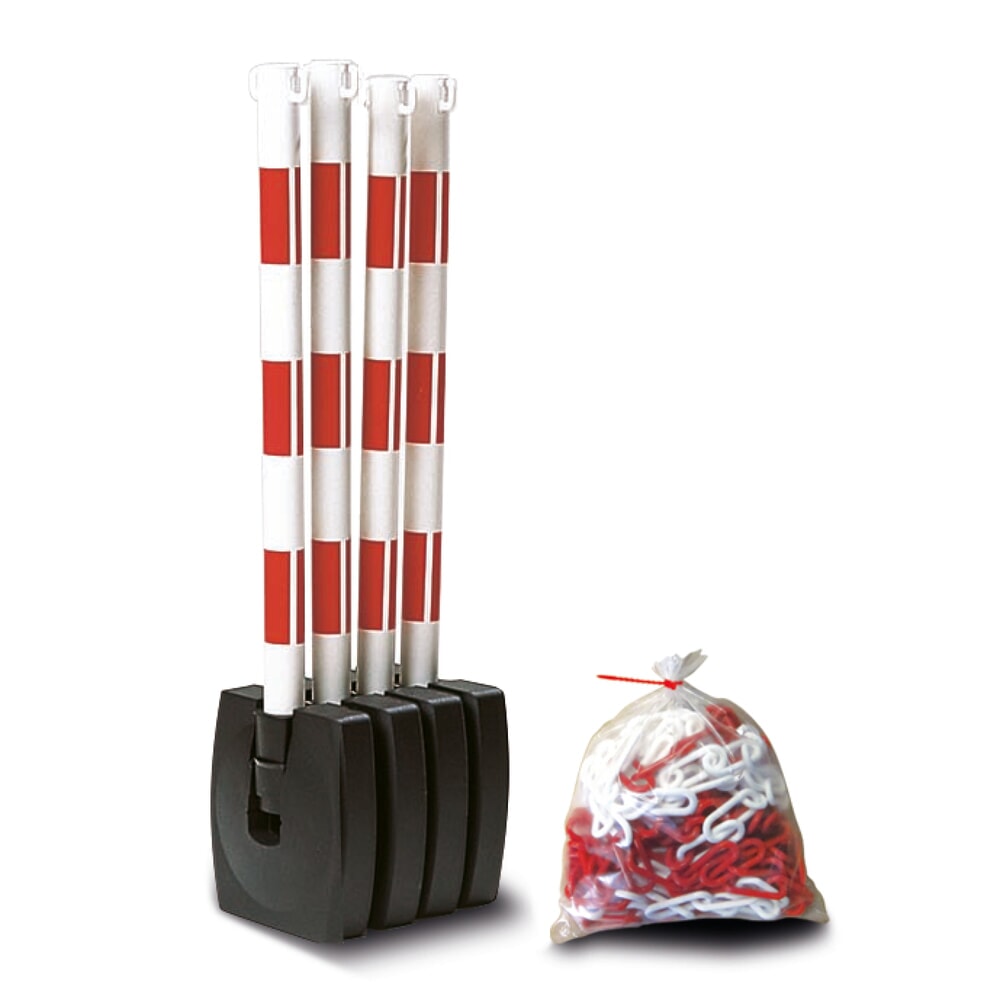 Product afbeelding: Waarschuwingsstandaardset met ketting MORAVIA GUARDA-Flex, 4 staanders + 10 m ketting, rood/wit