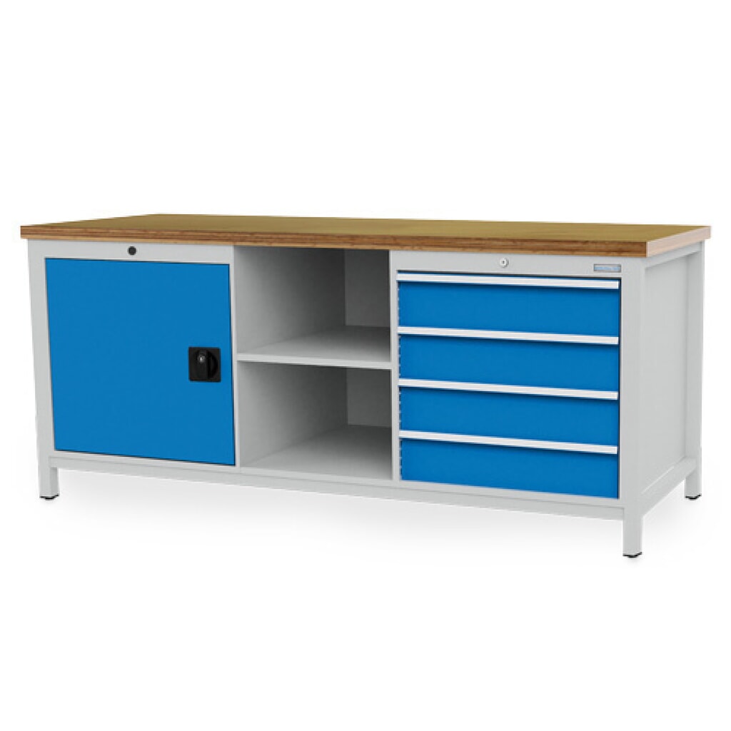 Product afbeelding: Werkbank Bedrunka+Hirth R 24-24, hxbxd 859 x 2.000 x 750 mm, lichtgrijs, lichtblauw, 4 lades 4x150 mm, 1 draaideur 1x600 mm
