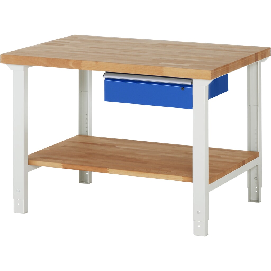 RAU werkbank serie 7000, h x b x d 790-1.140 x 1.250 x 900 mm, legbord onderaan, met 1 lade rechts Product afbeelding: RAU werkbank serie 7000, h x b x d 790-1.140 x 1.250 x 900 mm, legbord onderaan, met 1 lade rechts